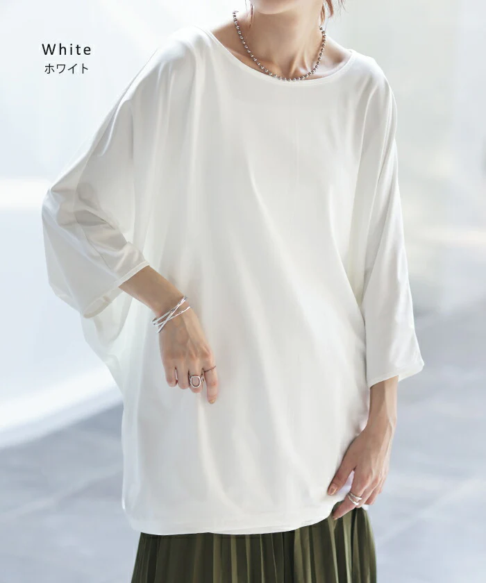 Tシャツ 接触冷感 カットソー レディース 冷感 ■一部7月上旬入荷 トップス ロング ティーシャツ オーバーサイズ チュニック ドルマン コクーン 体型カバー 半袖 無地 大きいサイズ 涼しい ボートネック ゆったり 白T お尻が隠れる ヨガ スポーツ 白 黒 春 夏 HUG.U メール便 - Image 3