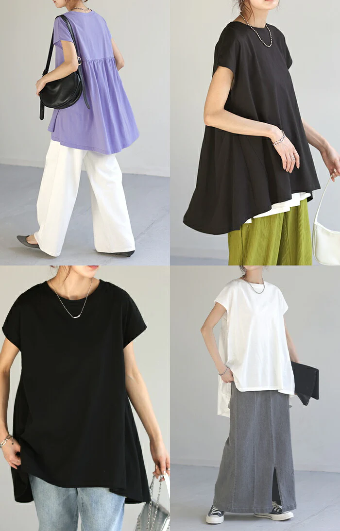 【夏セール】 Tシャツ 汗染み防止 綿100% レディース 半袖 バックギャザー フリル ロング フレンチスリーブ フレア 無地 体型カバー お尻が隠れる チュニック レイヤード Uネック クルーネック 重ね着 カットソー 大きいサイズ 汗 真夏 黄色 黒 春 夏 HUG.U メール便 - Image 22