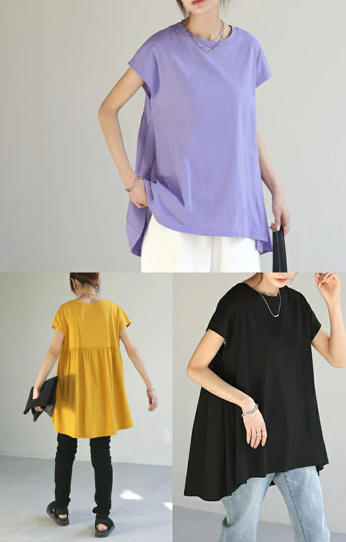 【夏セール】 Tシャツ 汗染み防止 綿100% レディース 半袖 バックギャザー フリル ロング フレンチスリーブ フレア 無地 体型カバー お尻が隠れる チュニック レイヤード Uネック クルーネック 重ね着 カットソー 大きいサイズ 汗 真夏 黄色 黒 春 夏 HUG.U メール便 - Image 23