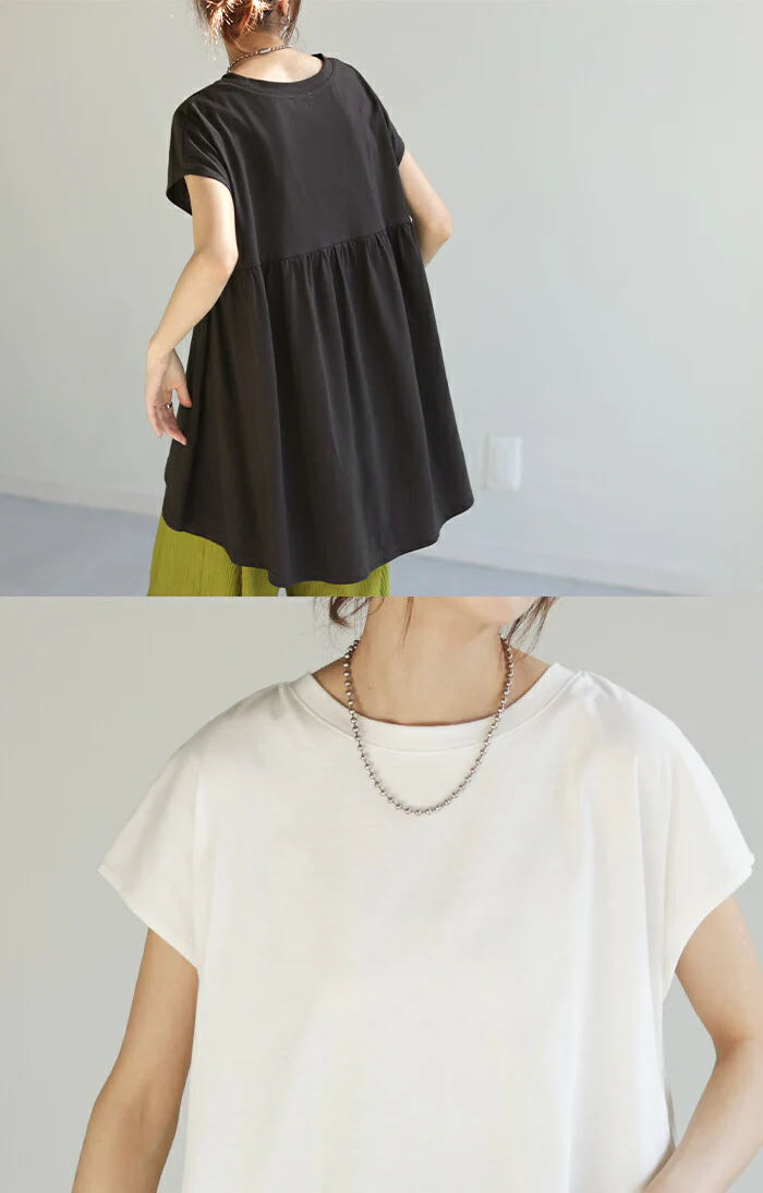 【夏セール】 Tシャツ 汗染み防止 綿100% レディース 半袖 バックギャザー フリル ロング フレンチスリーブ フレア 無地 体型カバー お尻が隠れる チュニック レイヤード Uネック クルーネック 重ね着 カットソー 大きいサイズ 汗 真夏 黄色 黒 春 夏 HUG.U メール便 - Image 3