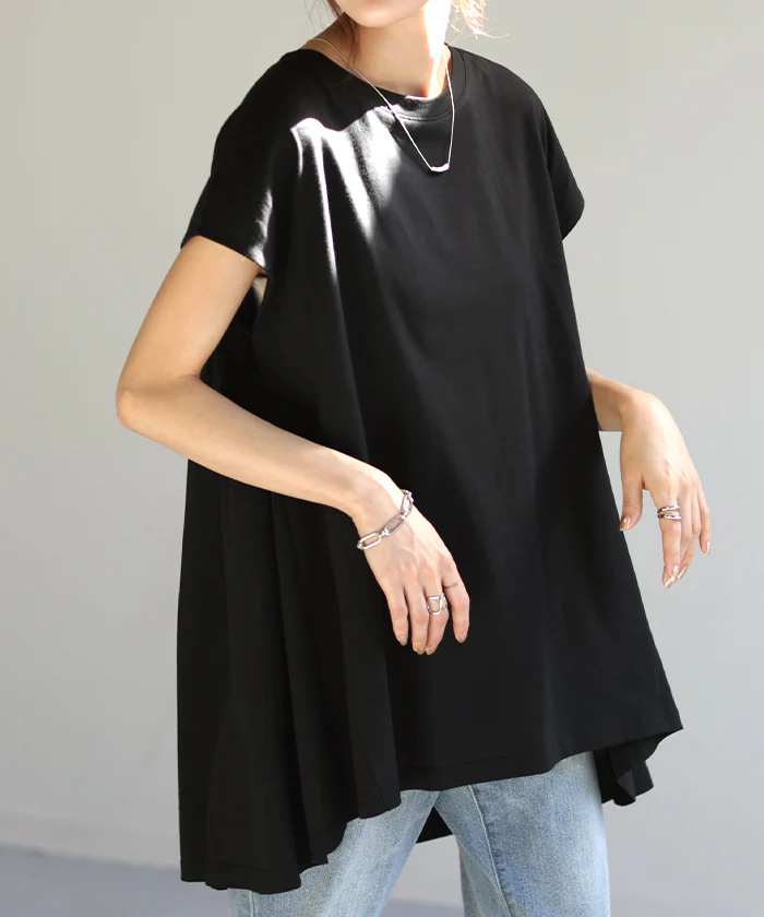 【夏セール】 Tシャツ 汗染み防止 綿100% レディース 半袖 バックギャザー フリル ロング フレンチスリーブ フレア 無地 体型カバー お尻が隠れる チュニック レイヤード Uネック クルーネック 重ね着 カットソー 大きいサイズ 汗 真夏 黄色 黒 春 夏 HUG.U メール便 - Image 32