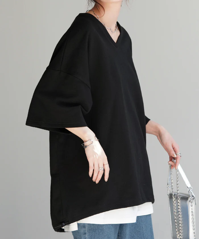 Tシャツ 綿100％ オーバーサイズ レディース 半袖 ロング Vネック 無地 体型カバー 2way デコルテ 裏パイル 裏毛 七分袖 ドローコード プルオーバー すっきり見せ お尻が隠れる 二の腕カバー チュニック レカットソー 大きいサイズ 白 黒 春 夏 HUG.U - Image 21