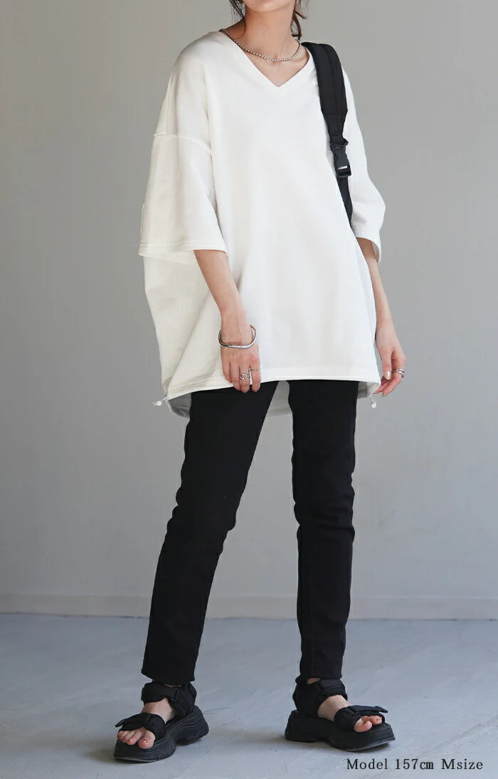 Tシャツ 綿100％ オーバーサイズ レディース 半袖 ロング Vネック 無地 体型カバー 2way デコルテ 裏パイル 裏毛 七分袖 ドローコード プルオーバー すっきり見せ お尻が隠れる 二の腕カバー チュニック レカットソー 大きいサイズ 白 黒 春 夏 HUG.U - Image 26