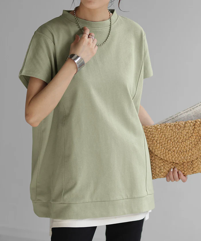 Tシャツ 半袖 モックネック トップス レディース ■一部7月中旬入荷 カットソー フレンチ フレンチスリーブ ティーシャツ ロング 綿100％ レイヤード ゆったり お尻が隠れる 透けにくい 大きいサイズ 白T 体型カバー 無地 シンプル 黒 白 春 夏 HUG.U メール便 - Image 29