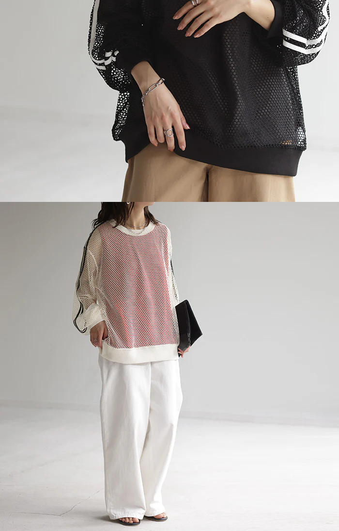 メッシュ スポーティー トップス レディース レイヤード プルオーバー メッシュトップス スポーツ 透かし編み ドロップショルダー 重ね着 サマーニット 長袖 無地 Uネック ボートネック メッシュ編み リブ 体型カバー 大きいサイズ 白 黒 春 夏 HUG.U - Image 8