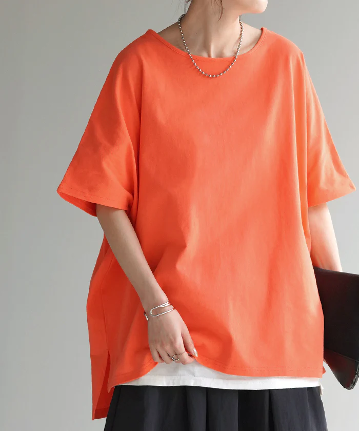 Tシャツ 選べる Uネック Vネック 綿100% トップス ティーシャツ レディース カットソー 二の腕カバー ドルマン きれいめ ビッグ チュニック 体型カバー 半袖 ドルマンスリーブ 大きいサイズ ゆったり お尻が隠れる 無地 白 ブラック 黒 春 夏 HUG.U メール便 - Image 13