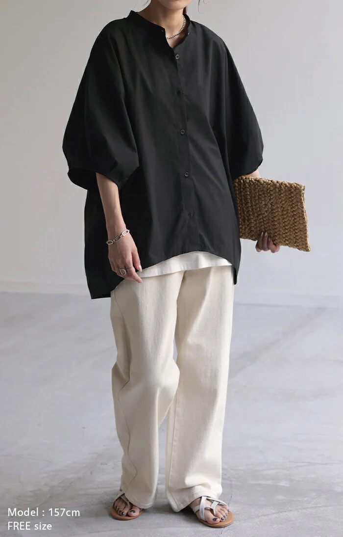 シャツ レディース トップス ロング ロングシャツ チュニック ブラウス オーバーサイズ ゆったり ドルマン ノーカラー キーネック ぽわん袖 体型カバー レイヤード お尻が隠れる 二の腕カバー 羽織 無地 半袖 きれいめ 大きいサイズ 白 黒 春 夏 HUG.U - Image 3