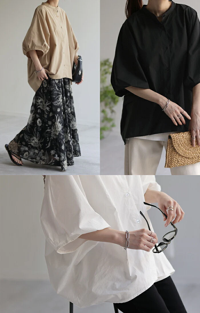シャツ レディース トップス ロング ロングシャツ チュニック ブラウス オーバーサイズ ゆったり ドルマン ノーカラー キーネック ぽわん袖 体型カバー レイヤード お尻が隠れる 二の腕カバー 羽織 無地 半袖 きれいめ 大きいサイズ 白 黒 春 夏 HUG.U - Image 9
