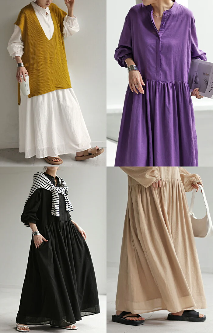 ワンピース ナチュラル 綿100％ ロング シャツワンピース シャツ レディース ロングワンピース ロングワンピ マキシ マキシワンピース シアー オーバーサイズ ワンピ ノーカラー 長袖 Aライン 無地 大きいサイズ 体型カバー 黒 白 ベージュ 春 夏 HUG.U - Image 21