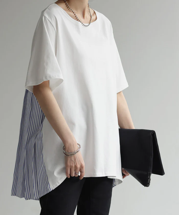 Tシャツ バックプリーツ 半袖 レディース ロング ■一部7月下旬入荷 バックフリル フリル プリーツ チュニック カットソー トップス 長い シャツ ストライプ プリーツ 無地 色材 二の腕カバー Uネック お尻が隠れる きれいめ 体型カバー 大きいサイズ 黒 白 春 夏 HUG.U - Image 26