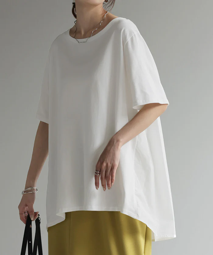 Tシャツ バックプリーツ 半袖 レディース ロング ■一部7月下旬入荷 バックフリル フリル プリーツ チュニック カットソー トップス 長い シャツ ストライプ プリーツ 無地 色材 二の腕カバー Uネック お尻が隠れる きれいめ 体型カバー 大きいサイズ 黒 白 春 夏 HUG.U - Image 28