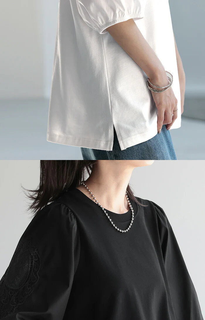 Tシャツ レース 刺繍 袖 ぽわん ドッキング カットソー シャツ ブラウス 重ね着 レイヤード 半袖 ティーシャツ パフスリーブ バルーンスリーブ トップス レディース きれいめ シンプル ぽわん袖 体型カバー ボリューム おしゃれ 大人 白 黒 春 夏 HUG.U - Image 19