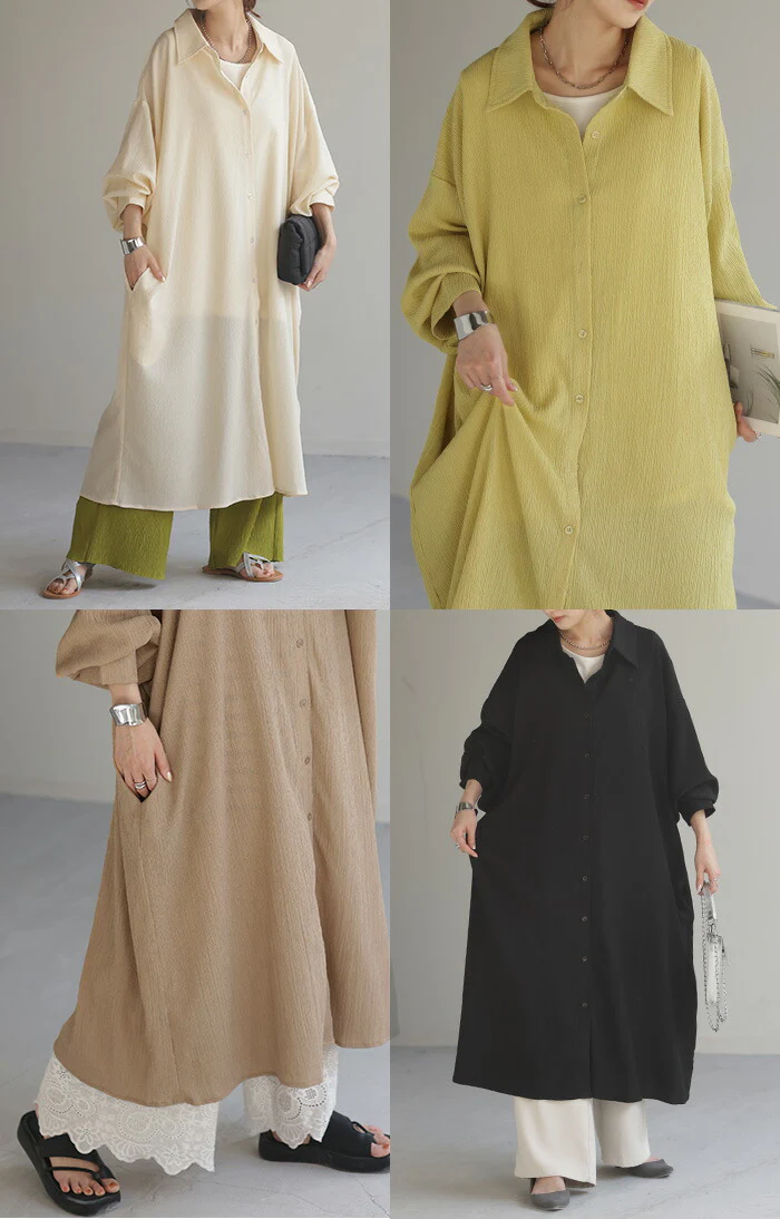 ワンピース 楊柳 ロング シャツワンピース シャツ レディース ロングワンピース ロングワンピ マキシ マキシワンピース シャツワンピ Aライン シアー ワンピ 長袖 オーバーサイズ 長い 無地 大きいサイズ 体型カバー 白 黒 イエロー 春 夏 HUG.U - Image 22