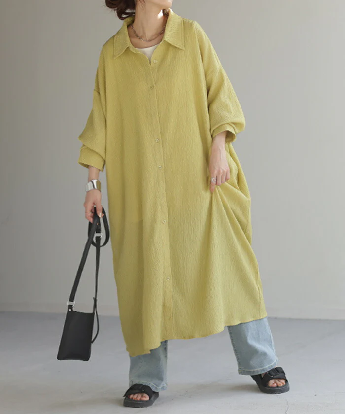 ワンピース 楊柳 ロング シャツワンピース シャツ レディース ロングワンピース ロングワンピ マキシ マキシワンピース シャツワンピ Aライン シアー ワンピ 長袖 オーバーサイズ 長い 無地 大きいサイズ 体型カバー 白 黒 イエロー 春 夏 HUG.U - Image 5