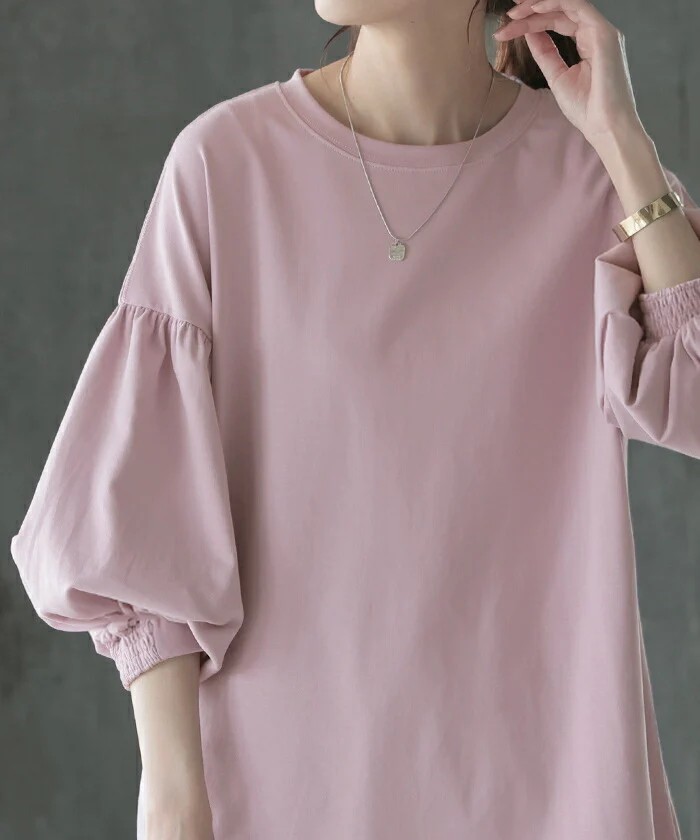 Tシャツ ぽわん袖 ロンT トップス ティーシャツ レディース カットソー 二の腕カバー ドルマン ビッグ チュニック 体型カバー 長袖 ロング ゆったり ボリューム パフスリーブ 無地 ストレッチ きれいめ お尻が隠れる 大きいサイズ 白 黒 春 夏 HUG.U - Image 2