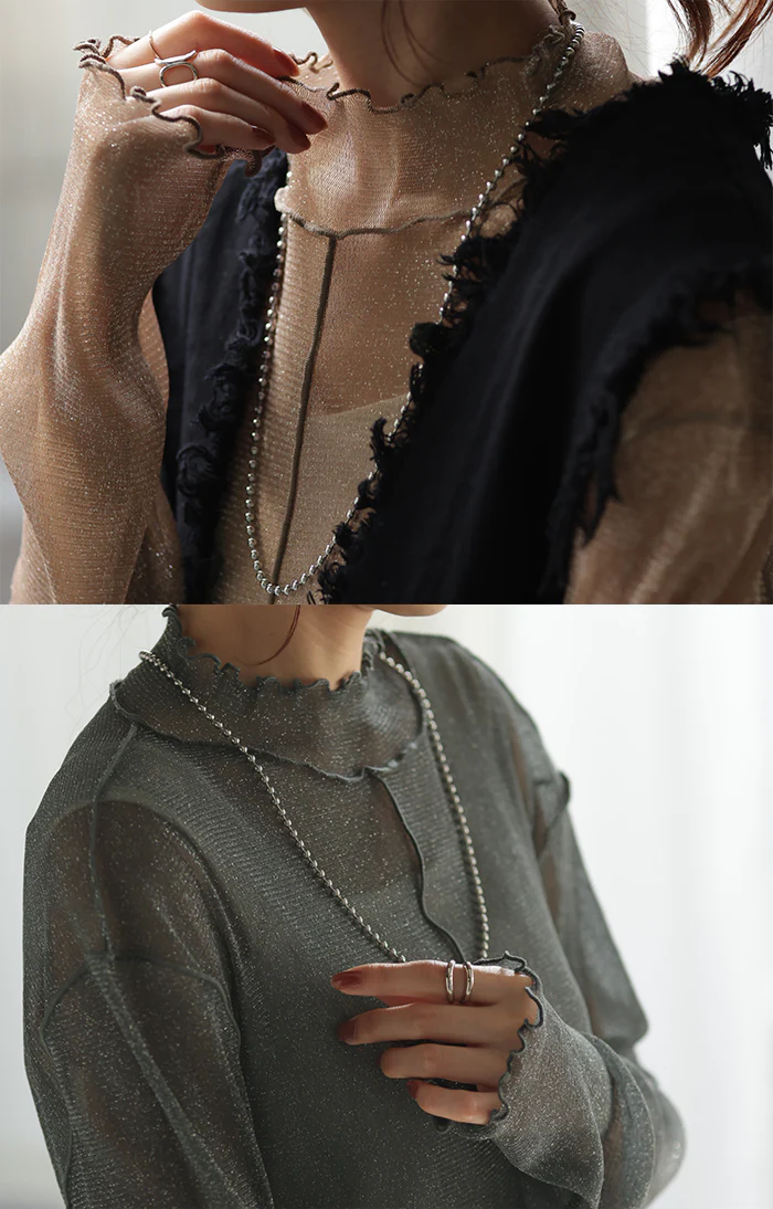 シアートップス メロウ レイヤード レディース トップス ■一部7月上旬入荷 ラメ シアー シースルー シアーインナー インナー 無地 薄手 ロング メッシュ パイピング ハイネック 長袖 二の腕カバー きれいめ 体型カバー 重ね着 大きいサイズ 黒 ブルー 春 夏 HUG.U メール便 - Image 21