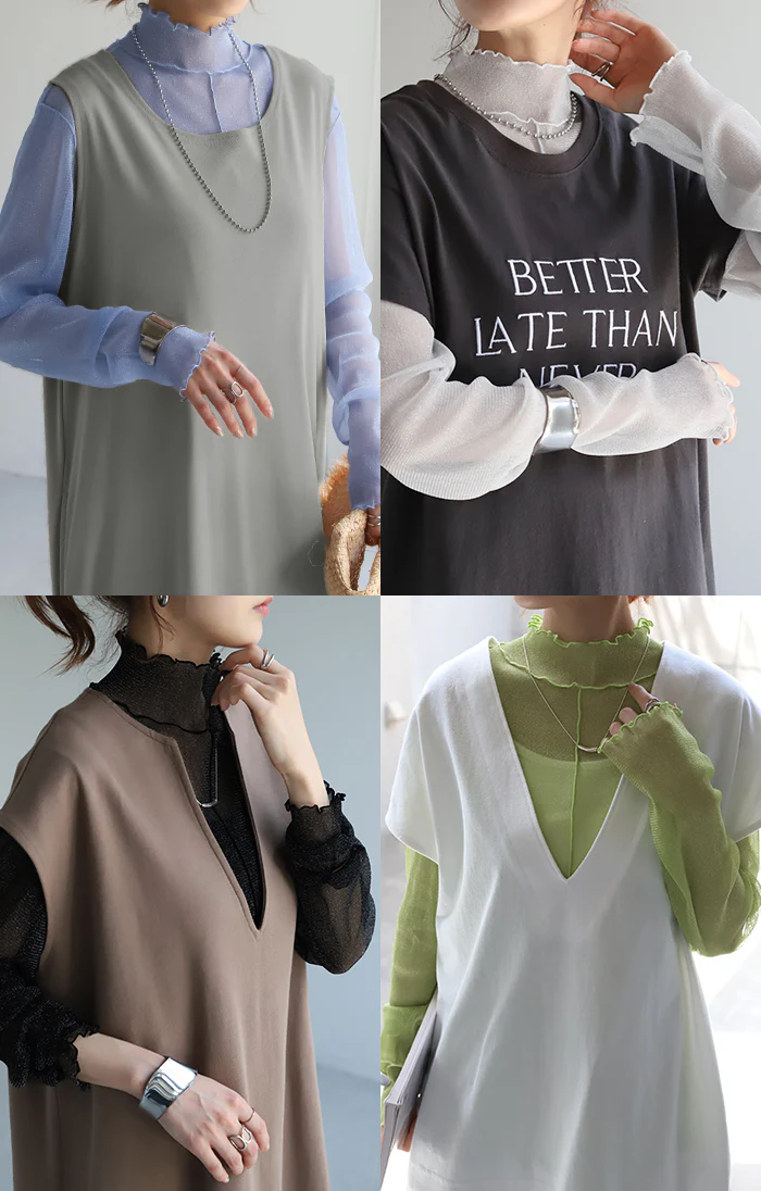 シアートップス メロウ レイヤード レディース トップス ■一部7月上旬入荷 ラメ シアー シースルー シアーインナー インナー 無地 薄手 ロング メッシュ パイピング ハイネック 長袖 二の腕カバー きれいめ 体型カバー 重ね着 大きいサイズ 黒 ブルー 春 夏 HUG.U メール便 - Image 24