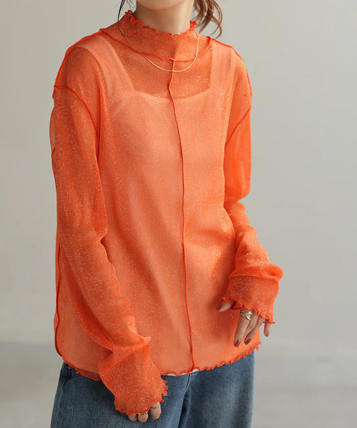 シアートップス メロウ レイヤード レディース トップス ■一部7月上旬入荷 ラメ シアー シースルー シアーインナー インナー 無地 薄手 ロング メッシュ パイピング ハイネック 長袖 二の腕カバー きれいめ 体型カバー 重ね着 大きいサイズ 黒 ブルー 春 夏 HUG.U メール便 - Image 34