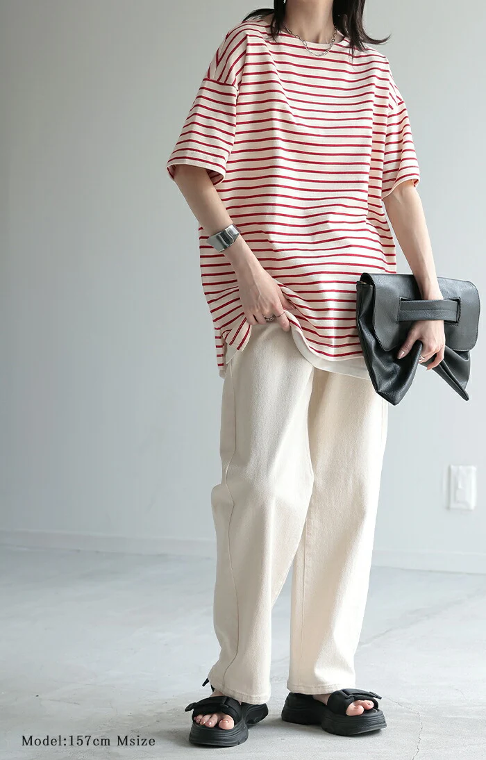 Tシャツ バスクT ボーダー 綿100％ レディース トップス カットソー 半袖 ロング チュニック オーバーサイズ ボートネック コットン ヘビーオンス ボックスシルエット 二の腕カバー お尻が隠れる スリット 体型カバー 大きいサイズ 黒 赤 春 夏 HUG.U メール便 - Image 15