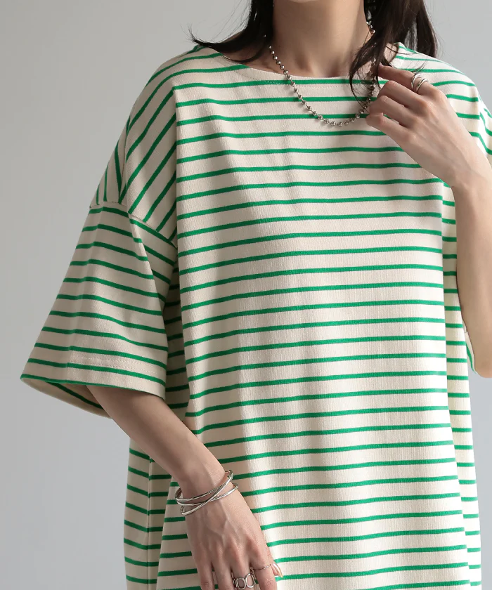 Tシャツ バスクT ボーダー 綿100％ レディース トップス カットソー 半袖 ロング チュニック オーバーサイズ ボートネック コットン ヘビーオンス ボックスシルエット 二の腕カバー お尻が隠れる スリット 体型カバー 大きいサイズ 黒 赤 春 夏 HUG.U メール便 - Image 28