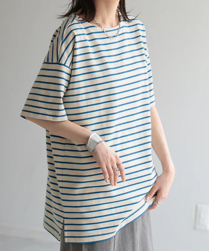 Tシャツ バスクT ボーダー 綿100％ レディース トップス カットソー 半袖 ロング チュニック オーバーサイズ ボートネック コットン ヘビーオンス ボックスシルエット 二の腕カバー お尻が隠れる スリット 体型カバー 大きいサイズ 黒 赤 春 夏 HUG.U メール便 - Image 29