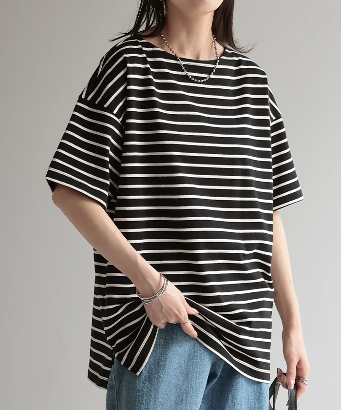 Tシャツ バスクT ボーダー 綿100％ レディース トップス カットソー 半袖 ロング チュニック オーバーサイズ ボートネック コットン ヘビーオンス ボックスシルエット 二の腕カバー お尻が隠れる スリット 体型カバー 大きいサイズ 黒 赤 春 夏 HUG.U メール便 - Image 31