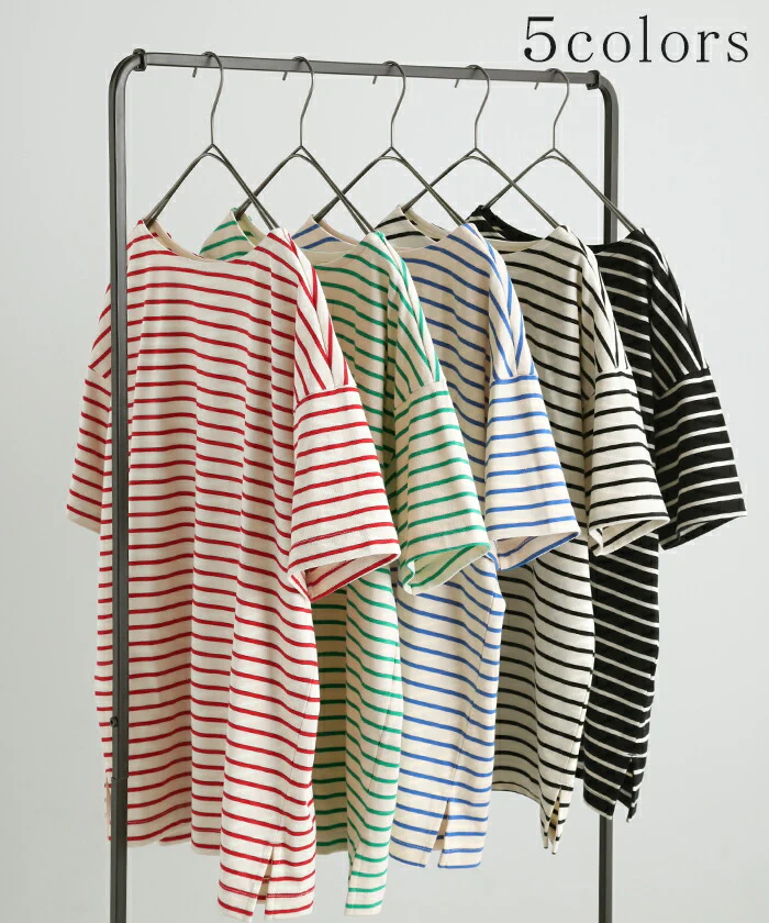 Tシャツ バスクT ボーダー 綿100％ レディース トップス カットソー 半袖 ロング チュニック オーバーサイズ ボートネック コットン ヘビーオンス ボックスシルエット 二の腕カバー お尻が隠れる スリット 体型カバー 大きいサイズ 黒 赤 春 夏 HUG.U メール便 - Image 6