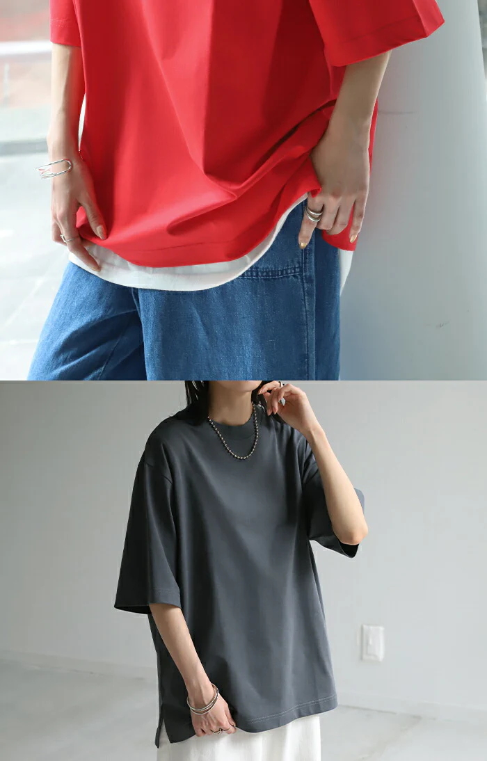 Tシャツ 接触冷感 ロング 体感-2℃ レディース お手入れ簡単 冷感 ■一部7月中旬入荷 トップス 二の腕カバー カットソー チュニック ゆったり レイヤード 大きいサイズ 白T Uネック お尻が隠れる 綿 混 半袖 涼しい 機能性 無地 真夏 白 赤 春 夏 HUG.U メール便 - Image 21