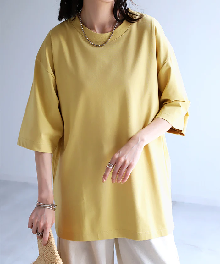 Tシャツ 接触冷感 ロング 体感-2℃ レディース お手入れ簡単 冷感 ■一部7月中旬入荷 トップス 二の腕カバー カットソー チュニック ゆったり レイヤード 大きいサイズ 白T Uネック お尻が隠れる 綿 混 半袖 涼しい 機能性 無地 真夏 白 赤 春 夏 HUG.U メール便 - Image 34