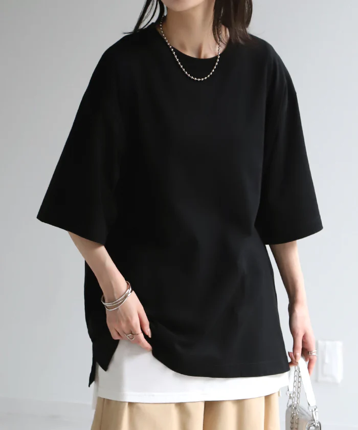 Tシャツ 接触冷感 ロング 体感-2℃ レディース お手入れ簡単 冷感 ■一部7月中旬入荷 トップス 二の腕カバー カットソー チュニック ゆったり レイヤード 大きいサイズ 白T Uネック お尻が隠れる 綿 混 半袖 涼しい 機能性 無地 真夏 白 赤 春 夏 HUG.U メール便 - Image 43