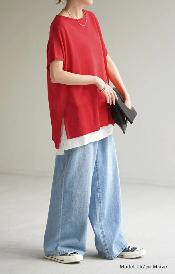 Tシャツ サマーニット 速乾 トップス レディース ロング ニット リブ テンセル 涼しい ティーシャツ オーバーサイズ ビック チュニック フレンチスリーブ 体型カバー 半袖 大きいサイズ Uネック ゆったり 白T お尻が隠れる 無地 白 黒 赤 春 夏 HUG.U メール便 - Image 3