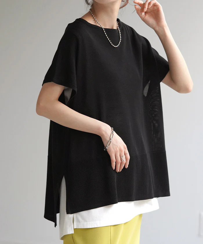 Tシャツ サマーニット 速乾 トップス レディース ロング ニット リブ テンセル 涼しい ティーシャツ オーバーサイズ ビック チュニック フレンチスリーブ 体型カバー 半袖 大きいサイズ Uネック ゆったり 白T お尻が隠れる 無地 白 黒 赤 春 夏 HUG.U メール便 - Image 31