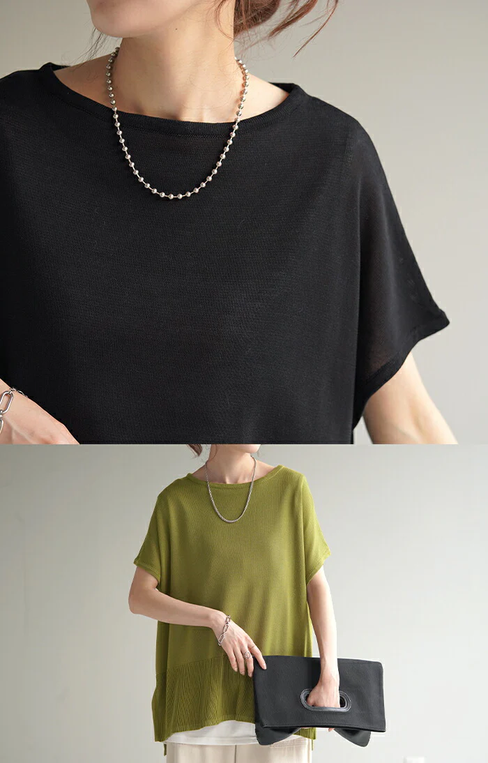Tシャツ サマーニット 速乾 トップス レディース ロング ニット リブ テンセル 涼しい ティーシャツ オーバーサイズ ビック チュニック フレンチスリーブ 体型カバー 半袖 大きいサイズ Uネック ゆったり 白T お尻が隠れる 無地 白 黒 赤 春 夏 HUG.U メール便 - Image 7