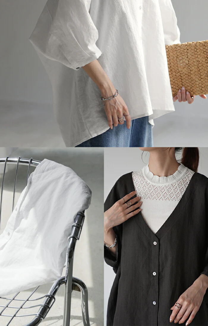 シャツ 麻 レディース トップス ロング ロングシャツ チュニック リネン ブラウス ノーカラー オーバーサイズ 長い ゆったり バンドカラー 体型カバー レイヤード バンドカラーシャツ お尻が隠れる 羽織 無地 半袖 大きいサイズ 白 黒 春 夏 HUG.U メール便 - Image 13