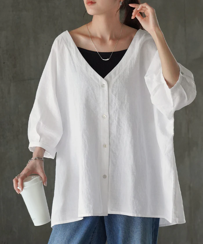 シャツ 麻 レディース トップス ロング ロングシャツ チュニック リネン ブラウス ノーカラー オーバーサイズ 長い ゆったり バンドカラー 体型カバー レイヤード バンドカラーシャツ お尻が隠れる 羽織 無地 半袖 大きいサイズ 白 黒 春 夏 HUG.U メール便 - Image 19