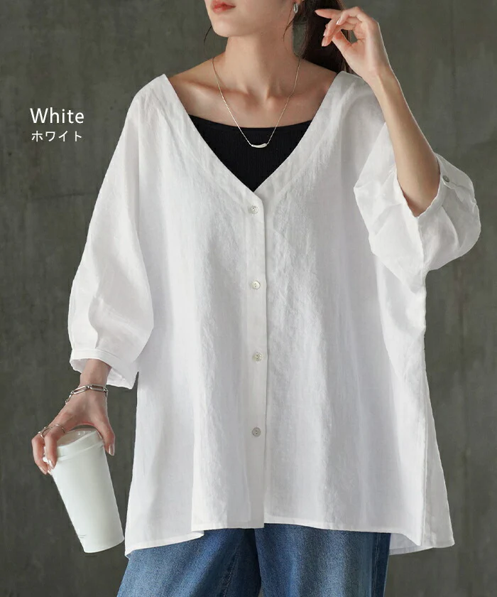 シャツ 麻 レディース トップス ロング ロングシャツ チュニック リネン ブラウス ノーカラー オーバーサイズ 長い ゆったり バンドカラー 体型カバー レイヤード バンドカラーシャツ お尻が隠れる 羽織 無地 半袖 大きいサイズ 白 黒 春 夏 HUG.U メール便 - Image 2