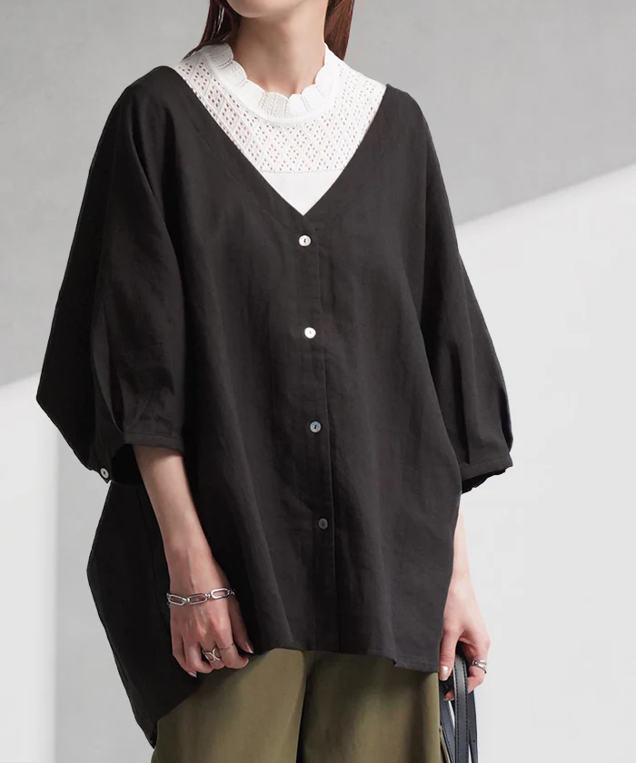 シャツ 麻 レディース トップス ロング ロングシャツ チュニック リネン ブラウス ノーカラー オーバーサイズ 長い ゆったり バンドカラー 体型カバー レイヤード バンドカラーシャツ お尻が隠れる 羽織 無地 半袖 大きいサイズ 白 黒 春 夏 HUG.U メール便 - Image 21