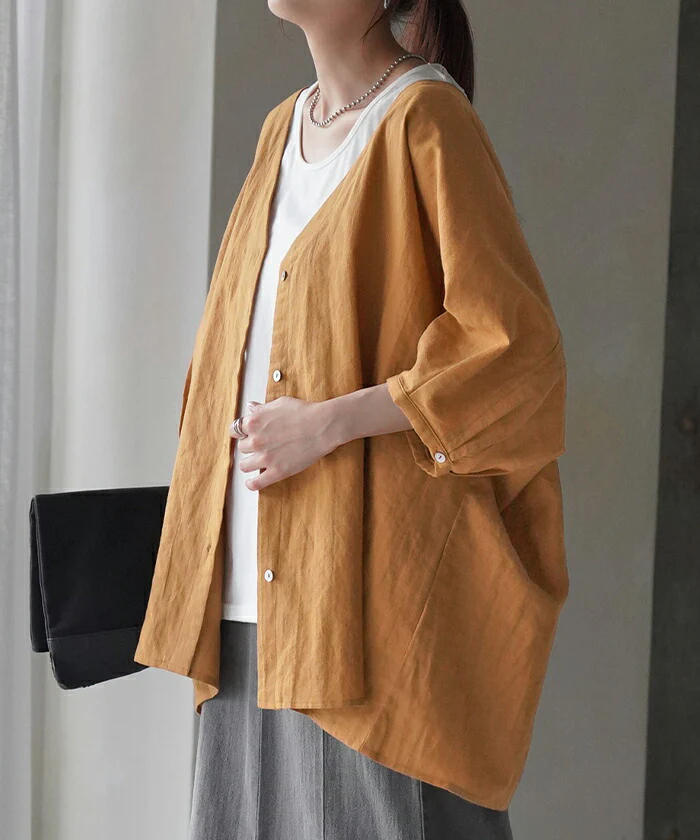 シャツ 麻 レディース トップス ロング ロングシャツ チュニック リネン ブラウス ノーカラー オーバーサイズ 長い ゆったり バンドカラー 体型カバー レイヤード バンドカラーシャツ お尻が隠れる 羽織 無地 半袖 大きいサイズ 白 黒 春 夏 HUG.U メール便 - Image 24