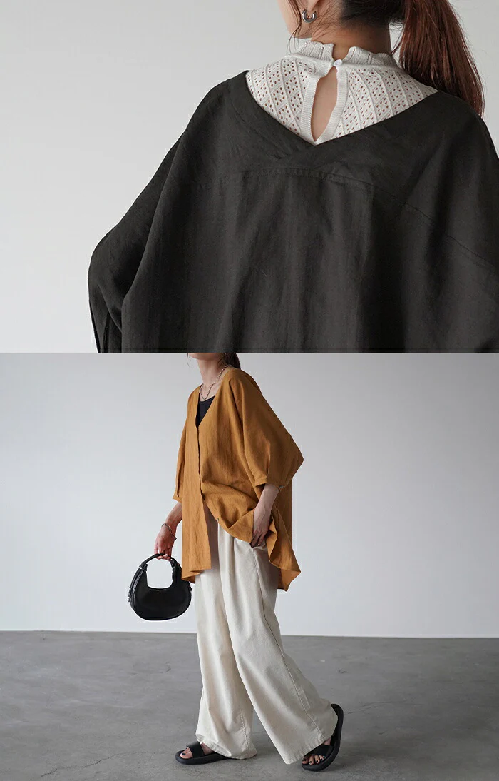 シャツ 麻 レディース トップス ロング ロングシャツ チュニック リネン ブラウス ノーカラー オーバーサイズ 長い ゆったり バンドカラー 体型カバー レイヤード バンドカラーシャツ お尻が隠れる 羽織 無地 半袖 大きいサイズ 白 黒 春 夏 HUG.U メール便 - Image 6
