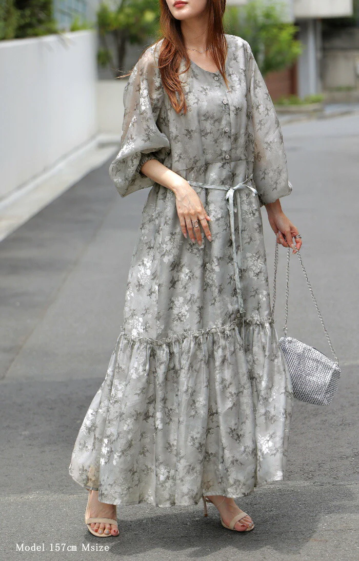 ワンピース 花柄 マーメイド ティアード ワンピ レディース ロング 長袖 ロングワンピース Aライン シアー 透け マキシ マキシワンピース ワンピ ロングワンピ 体型カバー 大きいサイズ 総柄 きれいめ 上品 フェミニン グレー 紫 春 夏 HUG.U - Image 23