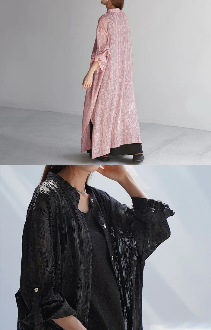 ワンピース プリーツ ロング シャツワンピース シャツ シャツワンピ レディース ロングワンピース ロングワンピ マキシ マキシワンピース Aライン シアー ノーカラ― バンドカラー ワンピ 長袖 無地 大きいサイズ 体型カバー ピンク 黒 春 夏 HUG.U - Image 21