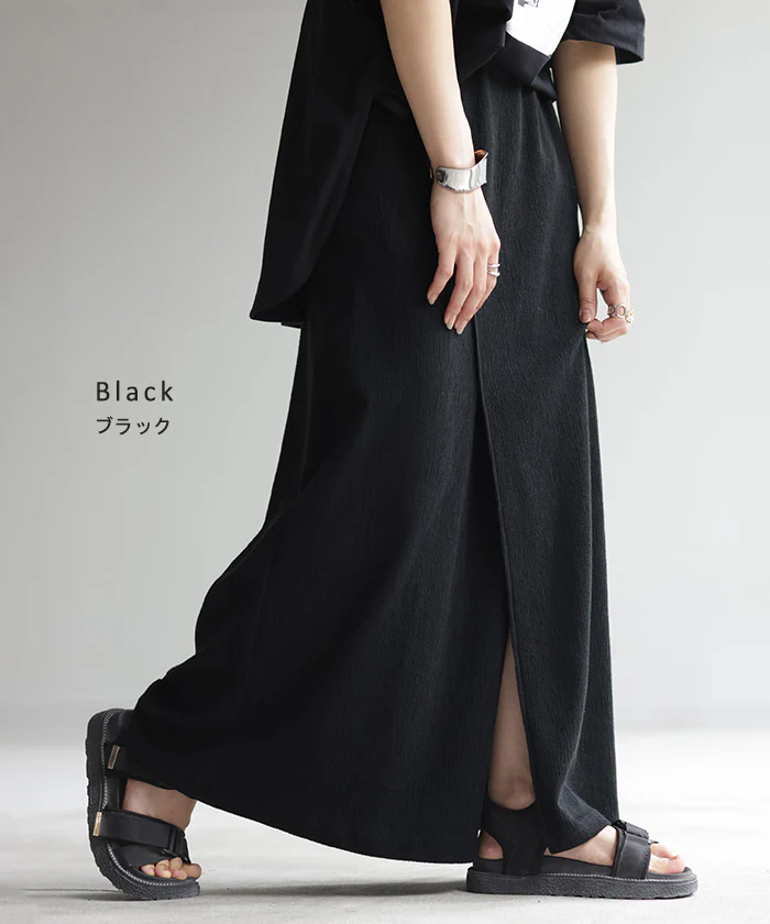 【夏セール】 スカート タイトスカート ストレッチ レディース ■一部7月中旬入荷 ボトムス 無地 ナロースカート 伸縮性 ウエストゴム センター スリット 着痩せ Iライン ロング ロングスカート マキシ 綿 混 シボ感 伸びる体型カバー ポケット 大きいサイズ グリーン 黒 春 夏 HUG.U - Image 17