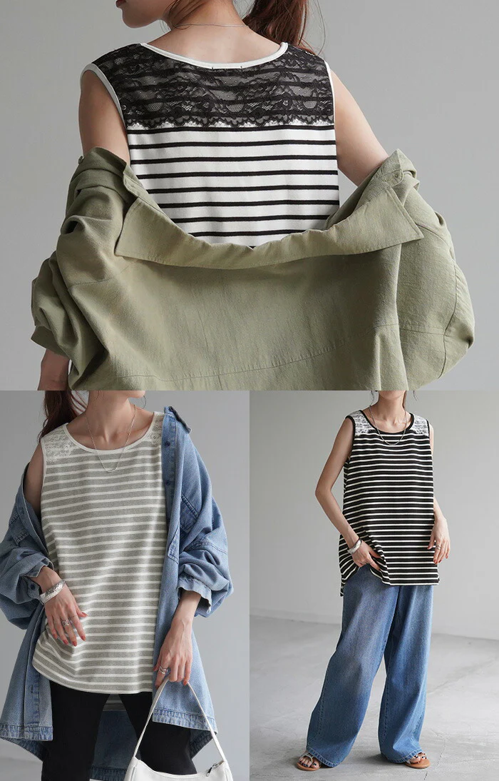 タンクトップ レース ボーダー レディース トップス ■一部7月中旬入荷 Uネック ノースリーブ カットソー 長い お尻が隠れる タンク レイヤード チュニック ロング インナー ゆったり 重ね着 袖なし 体型カバー 大きいサイズ ストレッチ きれいめ 白 黒 春 夏 HUG.U メール便 - Image 21