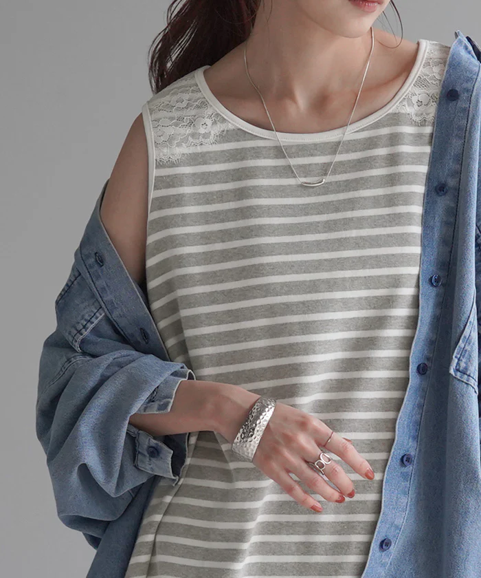 タンクトップ レース ボーダー レディース トップス ■一部7月中旬入荷 Uネック ノースリーブ カットソー 長い お尻が隠れる タンク レイヤード チュニック ロング インナー ゆったり 重ね着 袖なし 体型カバー 大きいサイズ ストレッチ きれいめ 白 黒 春 夏 HUG.U メール便 - Image 27