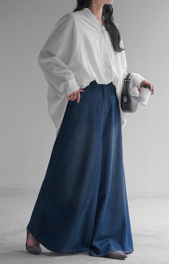 パンツ ワイド デニム ロング 綿100％ レディース ボトムス ボトム ジーンズ ジーパン ロングパンツ ハイウエスト ウエストゴム Aライン フレアデニム フレア コットン コットン100％ 無地 大きいサイズ 体型カバー ブルー ネイビー 春 夏 HUG.U - Image 27