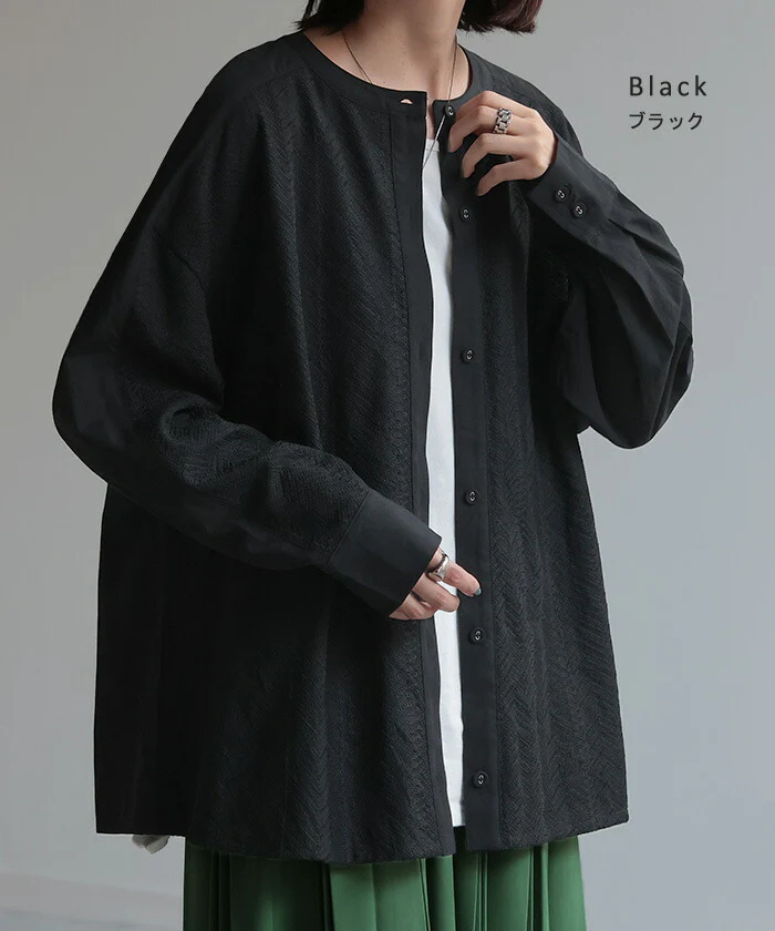 シャツ レディース レース シアー チュニック トップス 柄 ヘリンボーン ブラウス シアーシャツ オーバーサイズ 長い ロング ロングシャツ 長袖 羽織 きれいめ ゆったり ドロップショルダー ドルマン 大きいサイズ 体型カバー 黒 白 春 夏 HUG.U - Image 16