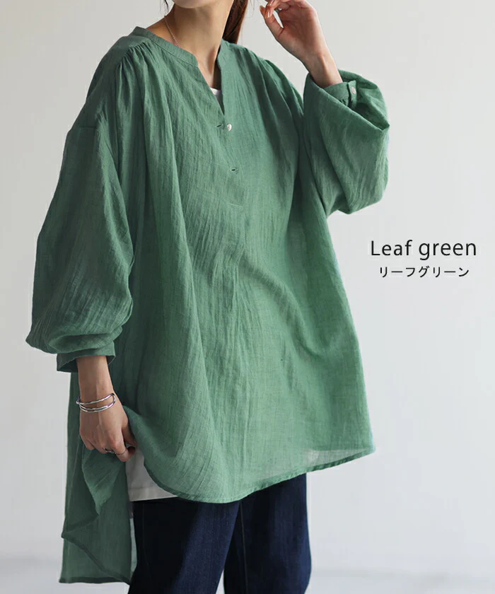 シャツ ナチュラル スキッパー 綿 混 ■一部7月中旬入荷 チュニック バンドカラー トップス 長い レディース ギャザー ロングシャツ 長袖 ノーカラー ロング ブラウス シボ感 ゆる ビッグ 体型カバー オーバーサイズ きれいめ 大きいサイズ 無地 グリーン 白 春 夏 HUG.U - Image 15