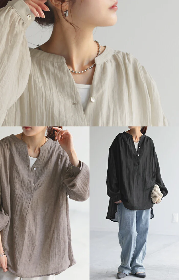 シャツ ナチュラル スキッパー 綿 混 ■一部7月中旬入荷 チュニック バンドカラー トップス 長い レディース ギャザー ロングシャツ 長袖 ノーカラー ロング ブラウス シボ感 ゆる ビッグ 体型カバー オーバーサイズ きれいめ 大きいサイズ 無地 グリーン 白 春 夏 HUG.U - Image 19