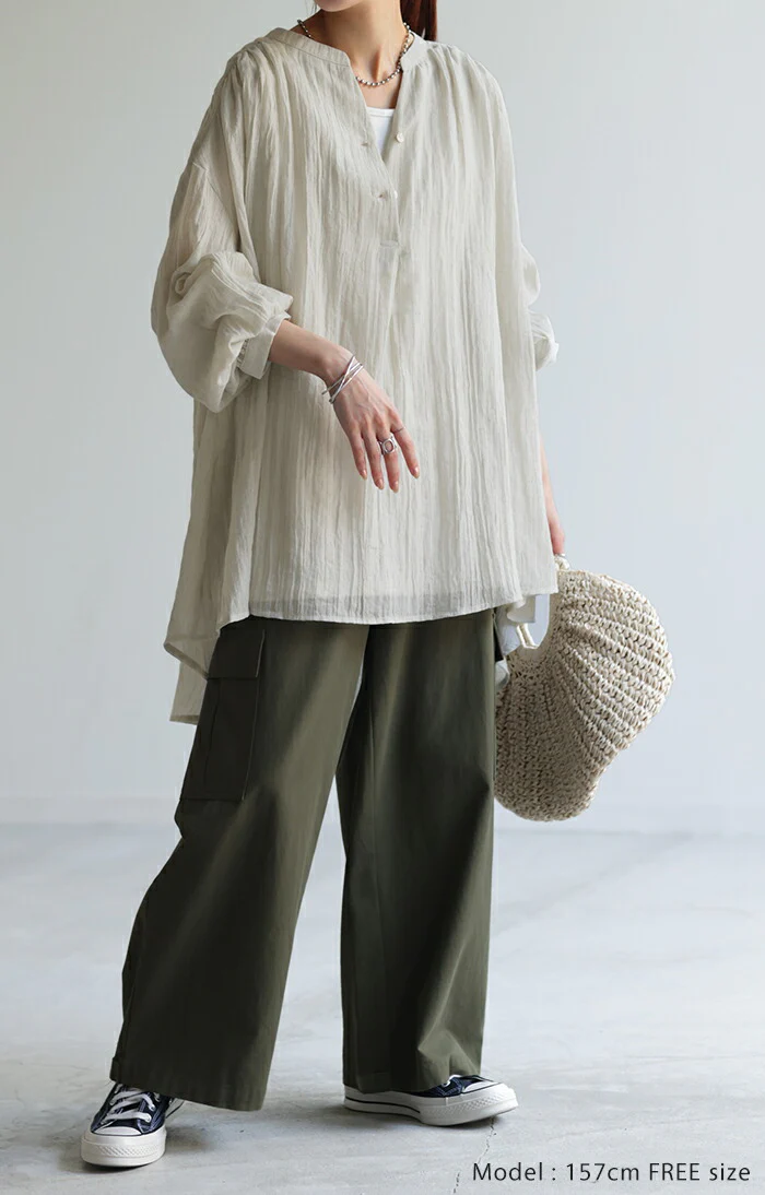 シャツ ナチュラル スキッパー 綿 混 ■一部7月中旬入荷 チュニック バンドカラー トップス 長い レディース ギャザー ロングシャツ 長袖 ノーカラー ロング ブラウス シボ感 ゆる ビッグ 体型カバー オーバーサイズ きれいめ 大きいサイズ 無地 グリーン 白 春 夏 HUG.U - Image 22