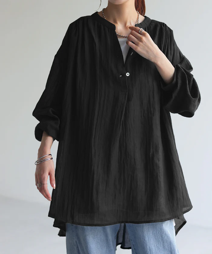シャツ ナチュラル スキッパー 綿 混 ■一部7月中旬入荷 チュニック バンドカラー トップス 長い レディース ギャザー ロングシャツ 長袖 ノーカラー ロング ブラウス シボ感 ゆる ビッグ 体型カバー オーバーサイズ きれいめ 大きいサイズ 無地 グリーン 白 春 夏 HUG.U - Image 30